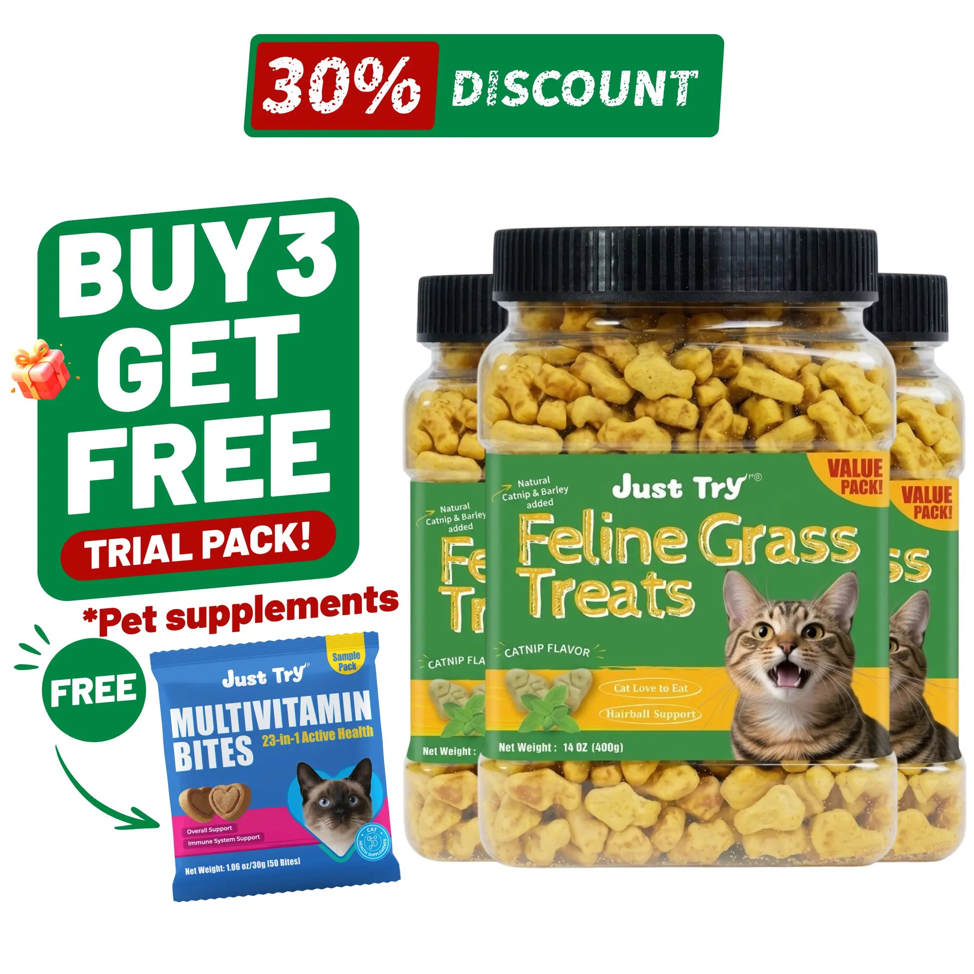 Just Try Cat Treats for Indoor Cats Hairball Control Natural Salmon Healthy Cat Grass Treats Kitten Snacks Training Biscuits Catnip for Cats Dental Care 14.1 OZ