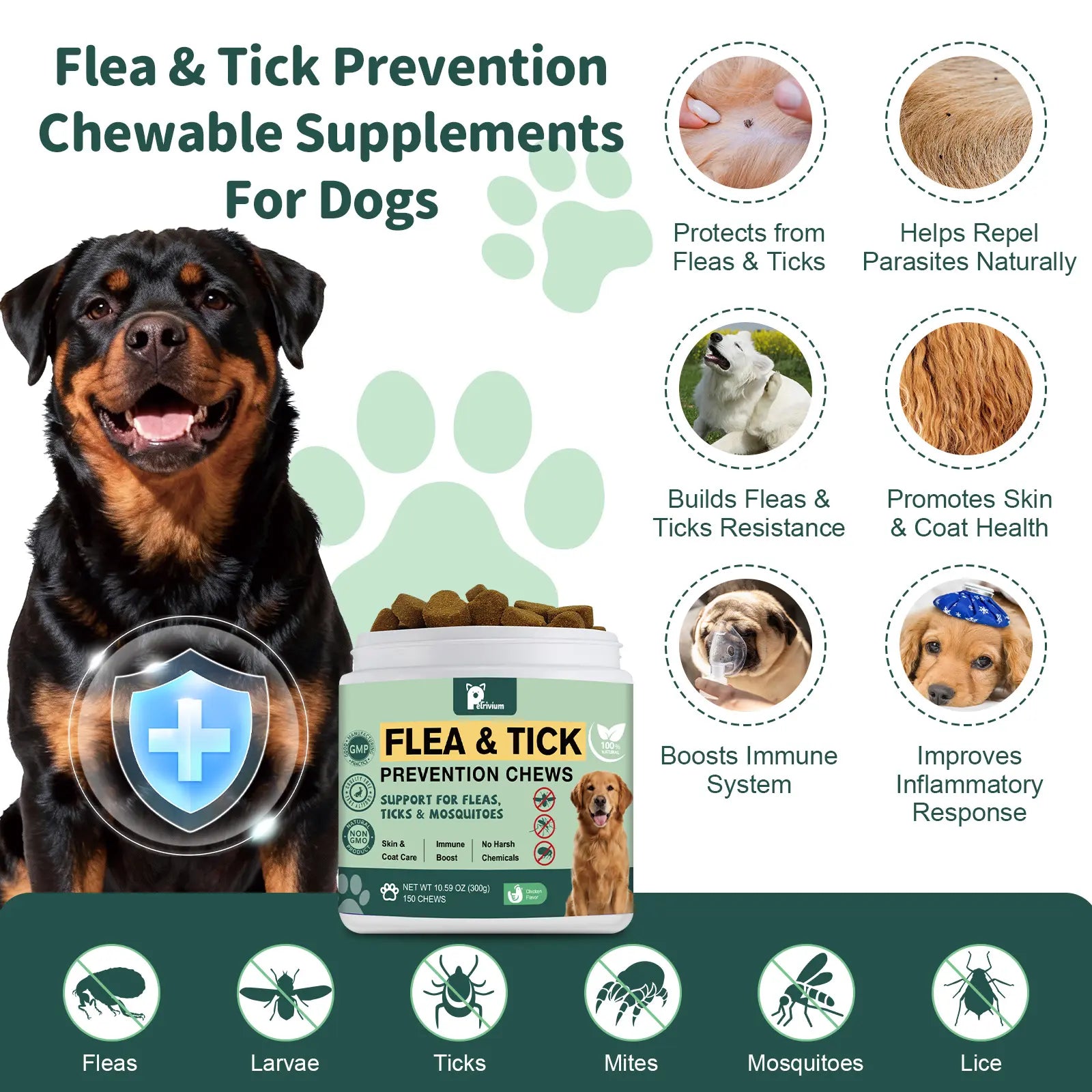 Petrivium Dog Flea & Tick Support Soft Chews - 150 Count Natural Oral Supplement for All Breeds and Sizes - Chicken Flavor