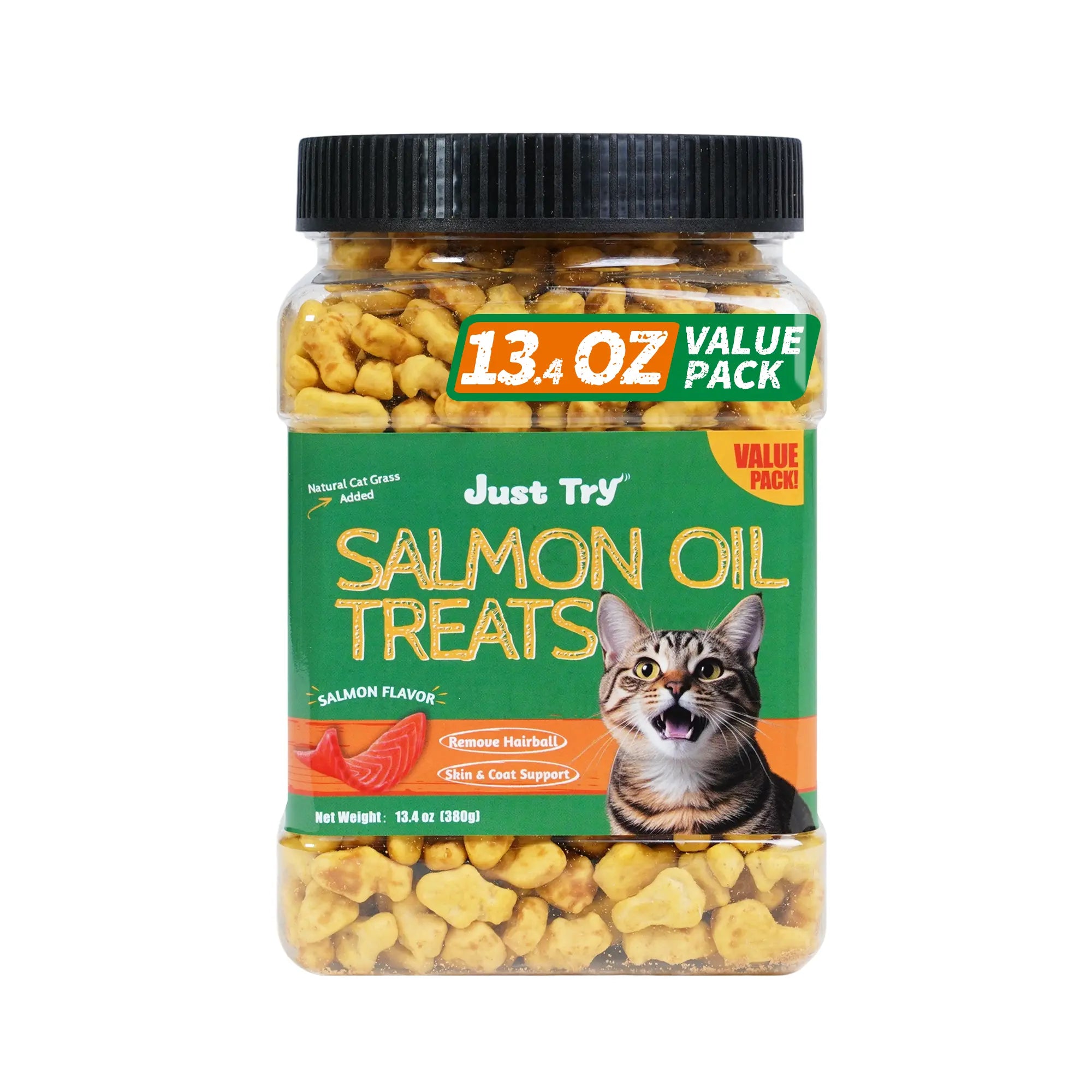 Just Try Cat Treats for Indoor Cats Hairball Control Natural Salmon Healthy Cat Grass Treats Kitten Snacks Training Biscuits Catnip for Cats Dental Care 14.1 OZ