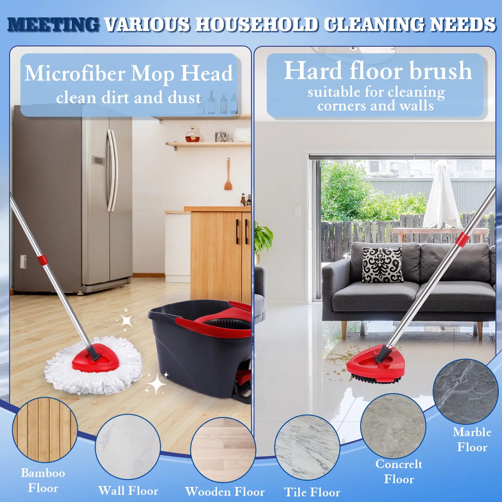 Spin Mop Replacements for O-Cedar 1-Tank System - Microfiber Flat Mop Set with 4 Reusable Pads, 30-58In Stainless Steel Handle, Plastic Brush, for Wood, Tile Floors Summerwins,Summerwins
