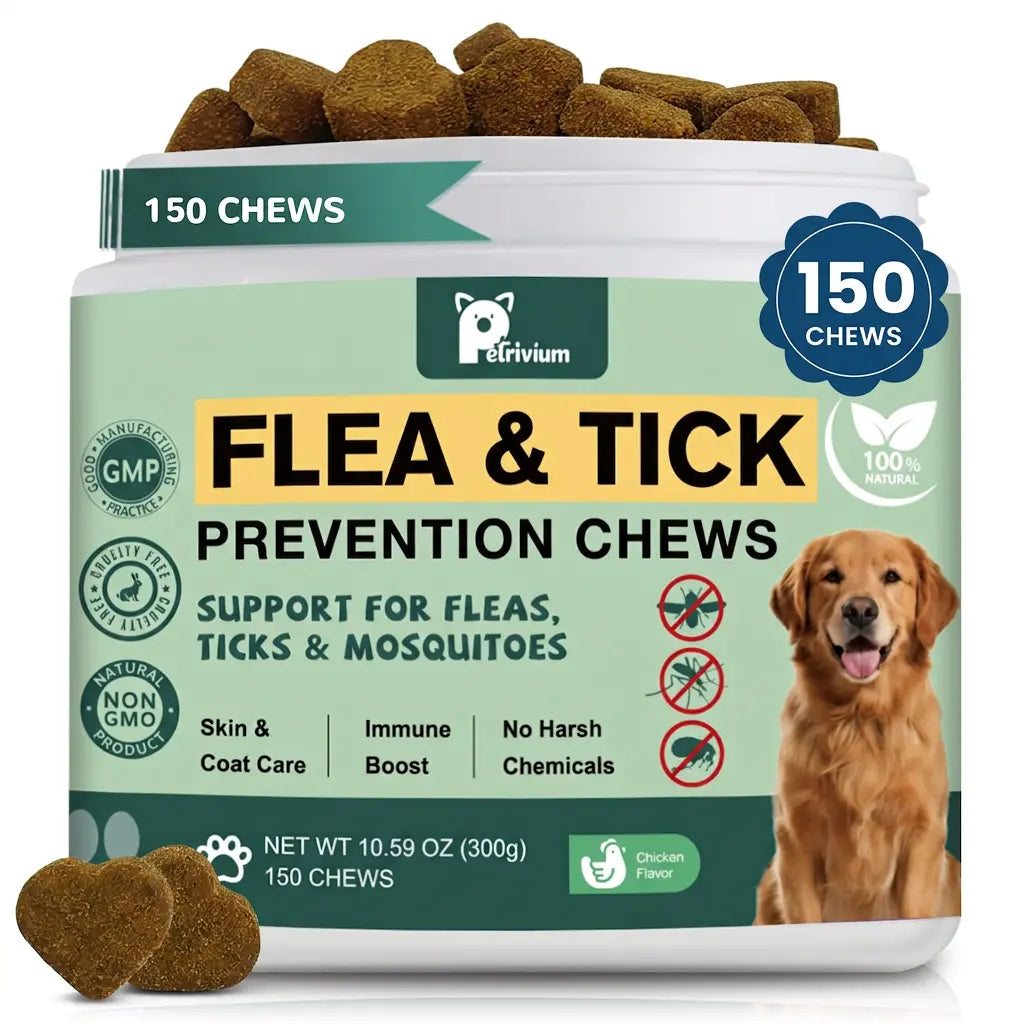 Petrivium Dog Flea & Tick Support Soft Chews - 150 Count Natural Oral Supplement for All Breeds and Sizes - Chicken Flavor