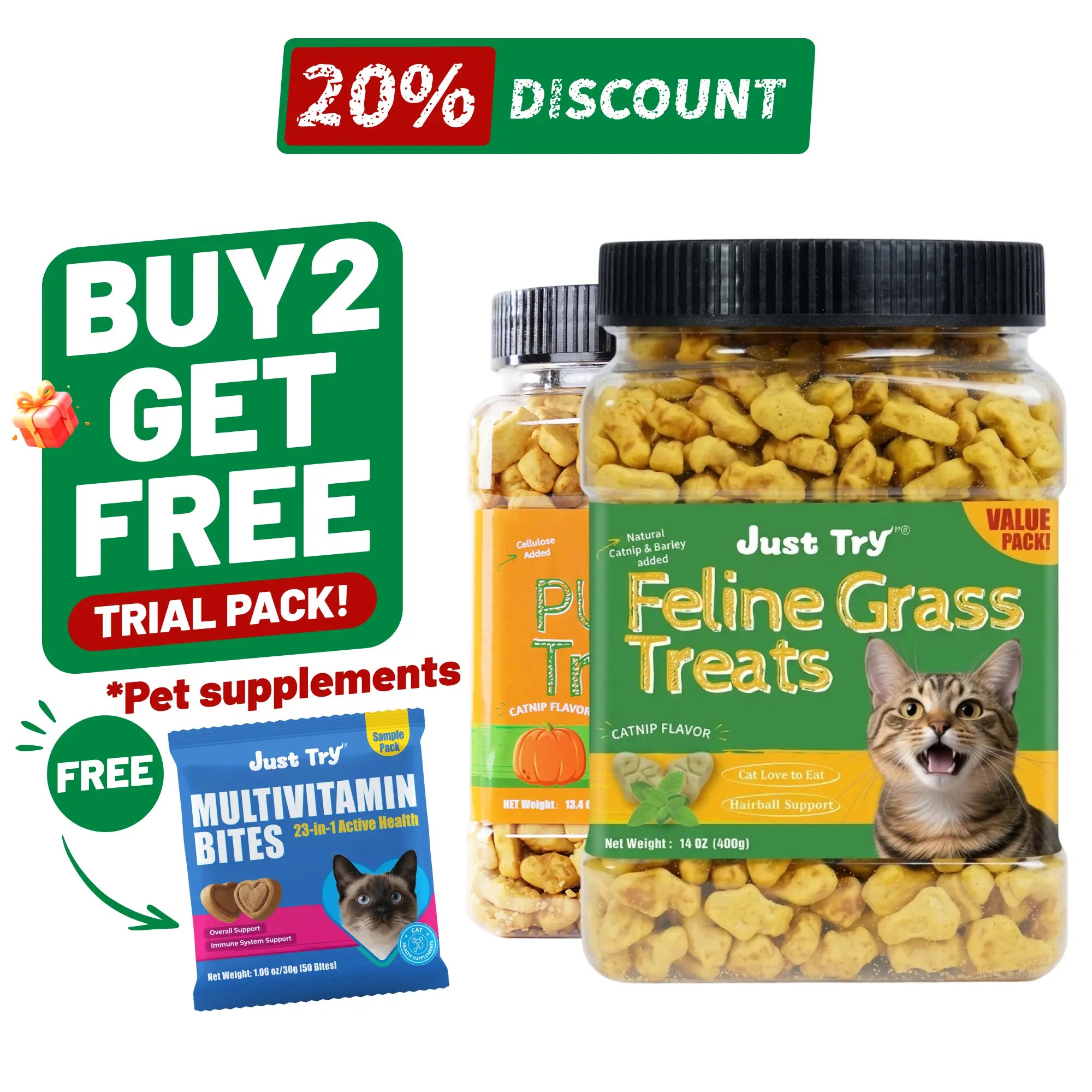 Just Try Cat Treats for Indoor Cats Hairball Control Natural Salmon Healthy Cat Grass Treats Kitten Snacks Training Biscuits Catnip for Cats Dental Care 14.1 OZ