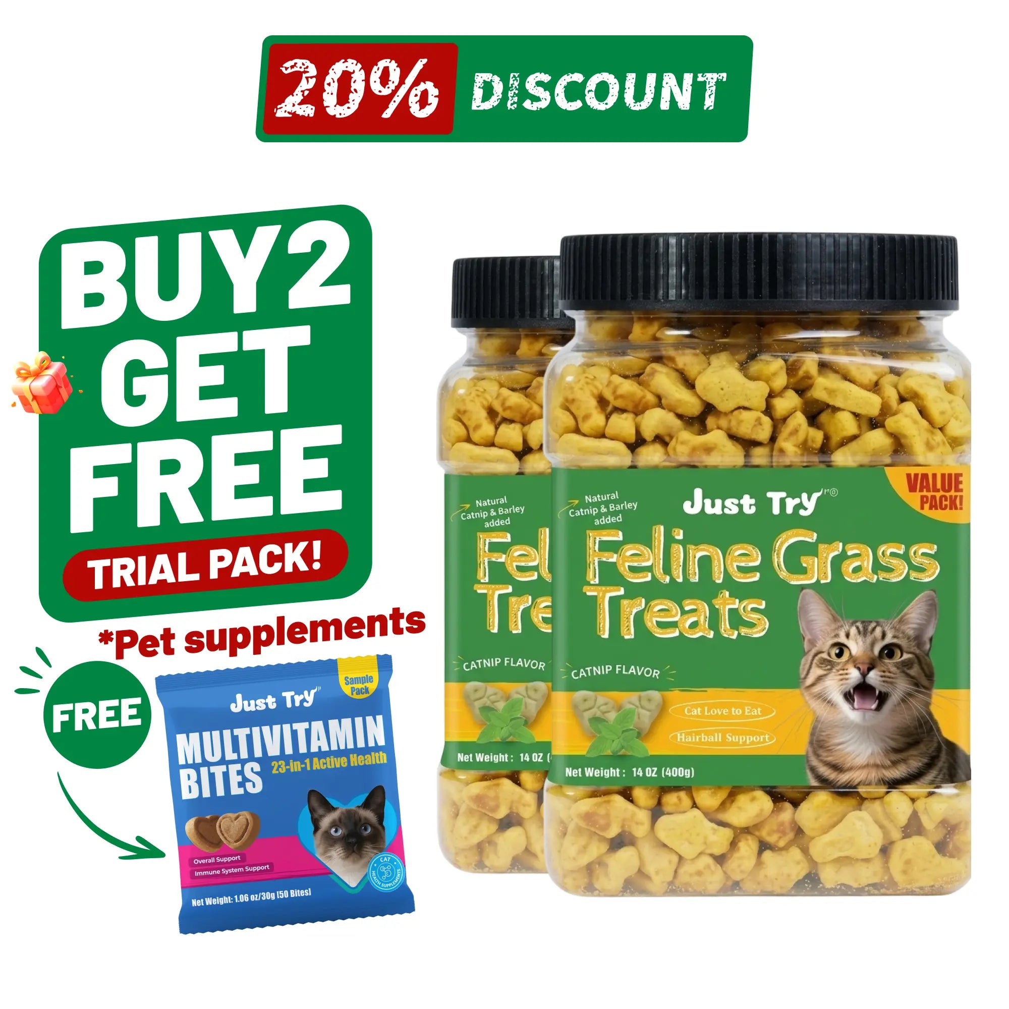 Just Try Cat Treats for Indoor Cats Hairball Control Natural Salmon Healthy Cat Grass Treats Kitten Snacks Training Biscuits Catnip for Cats Dental Care 14.1 OZ