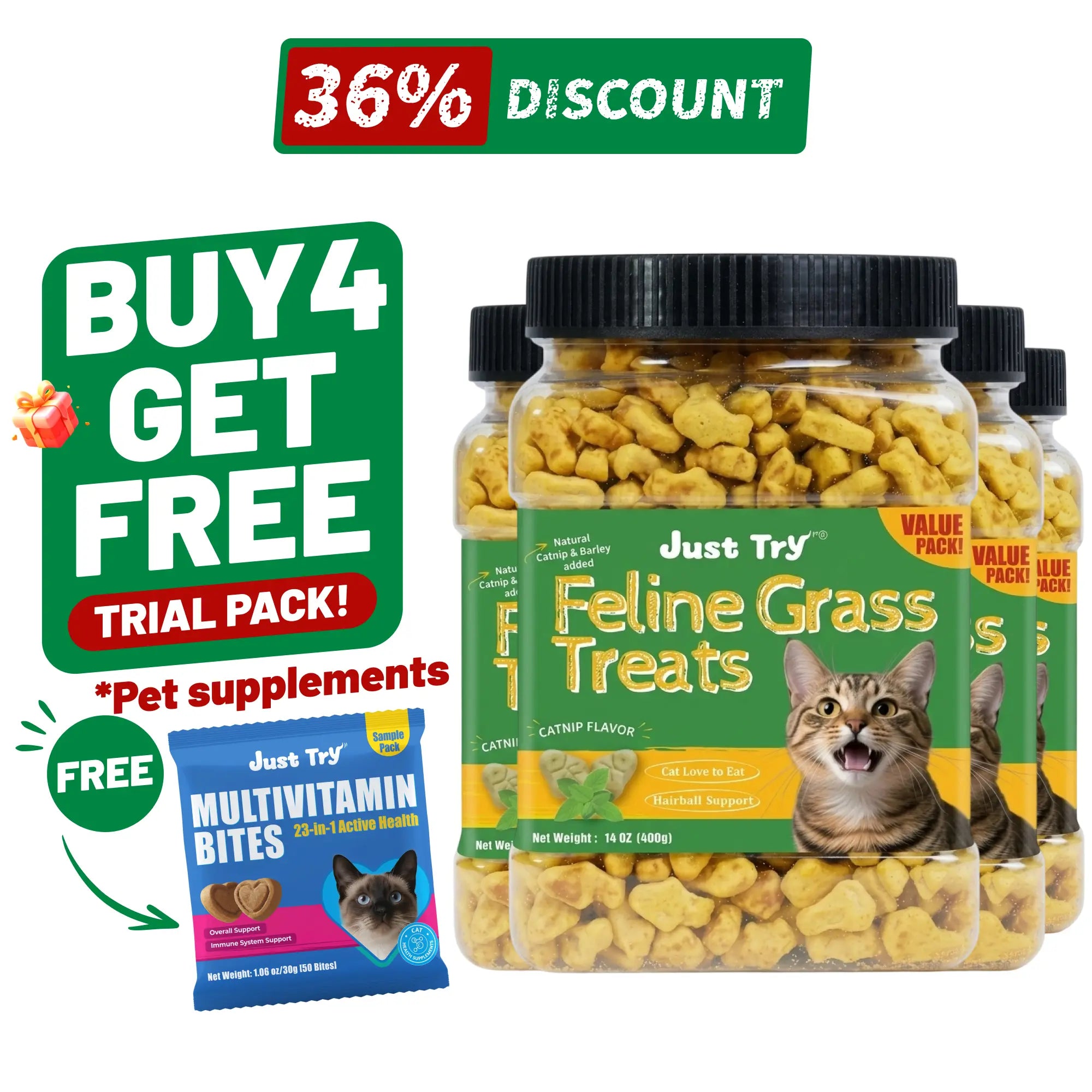 Just Try Cat Treats for Indoor Cats Hairball Control Natural Salmon Healthy Cat Grass Treats Kitten Snacks Training Biscuits Catnip for Cats Dental Care 14.1 OZ