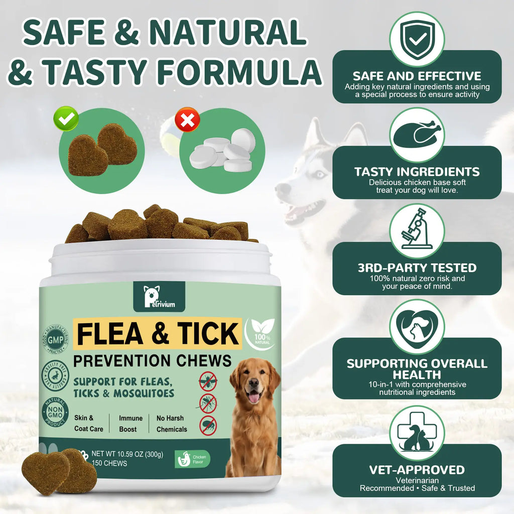 Petrivium Dog Flea & Tick Support Soft Chews - 150 Count Natural Oral Supplement for All Breeds and Sizes - Chicken Flavor