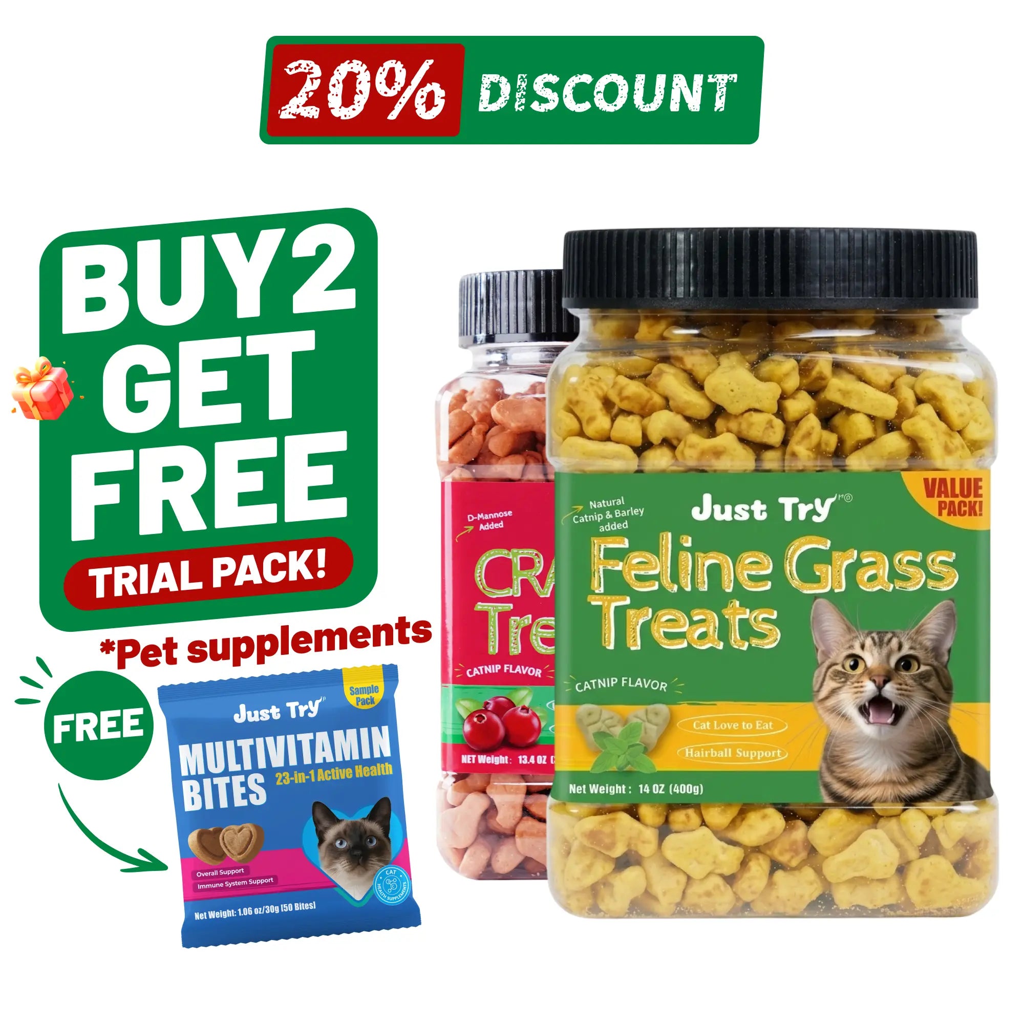 Just Try Cat Treats for Indoor Cats Hairball Control Natural Salmon Healthy Cat Grass Treats Kitten Snacks Training Biscuits Catnip for Cats Dental Care 14.1 OZ