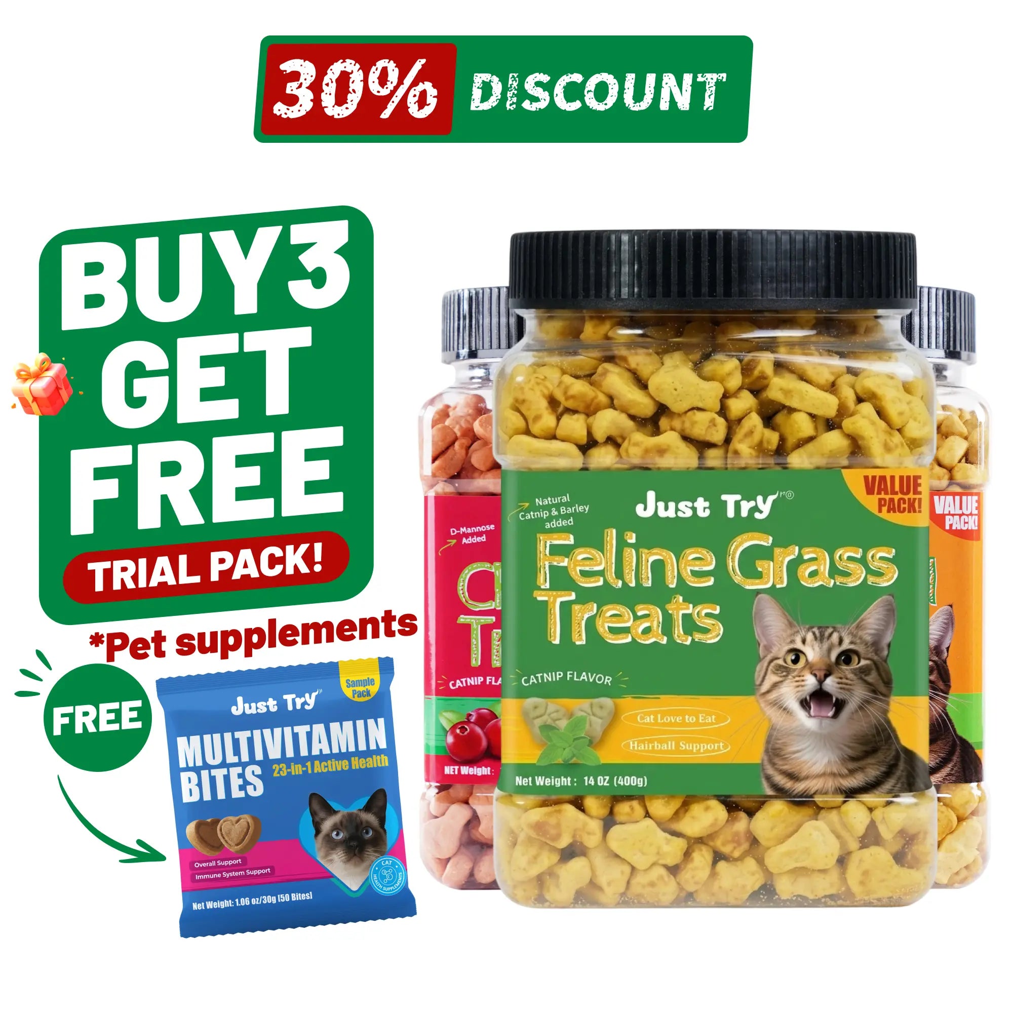 Just Try Cat Treats for Indoor Cats Hairball Control Natural Salmon Healthy Cat Grass Treats Kitten Snacks Training Biscuits Catnip for Cats Dental Care 14.1 OZ